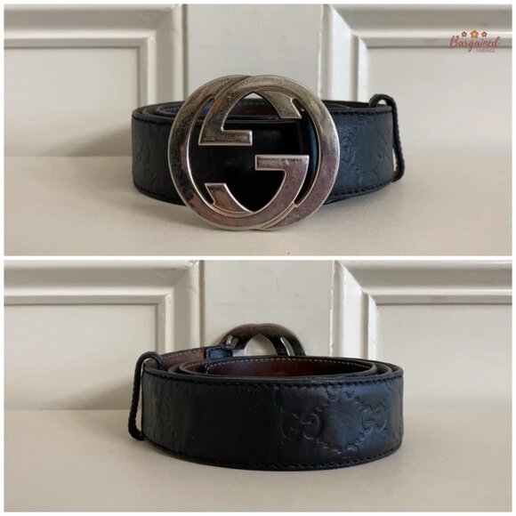 Auth Gucci Black Guccissima Leather Silver Interlocking G Buckle Belt 100/40 - Picture 3 of 13